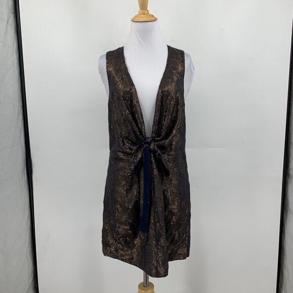 Free People Dress Women 6 Navy Gold Sequins Paris Rock Sleeveless Tie Front Mini - Picture 2 of 12
